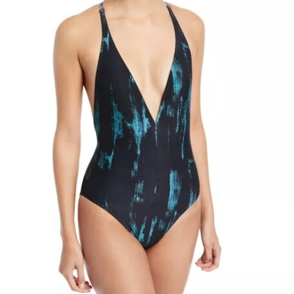 Proenza Schouler Swim Plunge Printed One Piece Bathing Suit, Medium, Black Teal